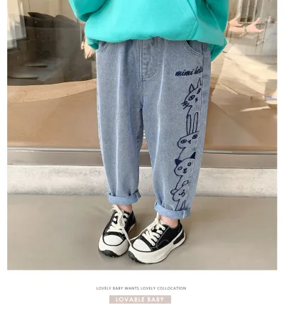 Children Kids Baby Fashion Girls Casual Basic Loose Denim Pants with Cartoon Avatar