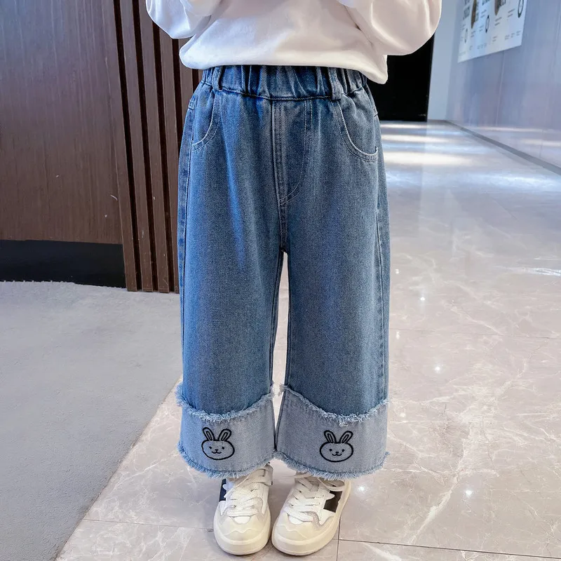 Children Kids Baby Fashion Girls Casual Basic Loose Denim Pants with Cartoon Avatar
