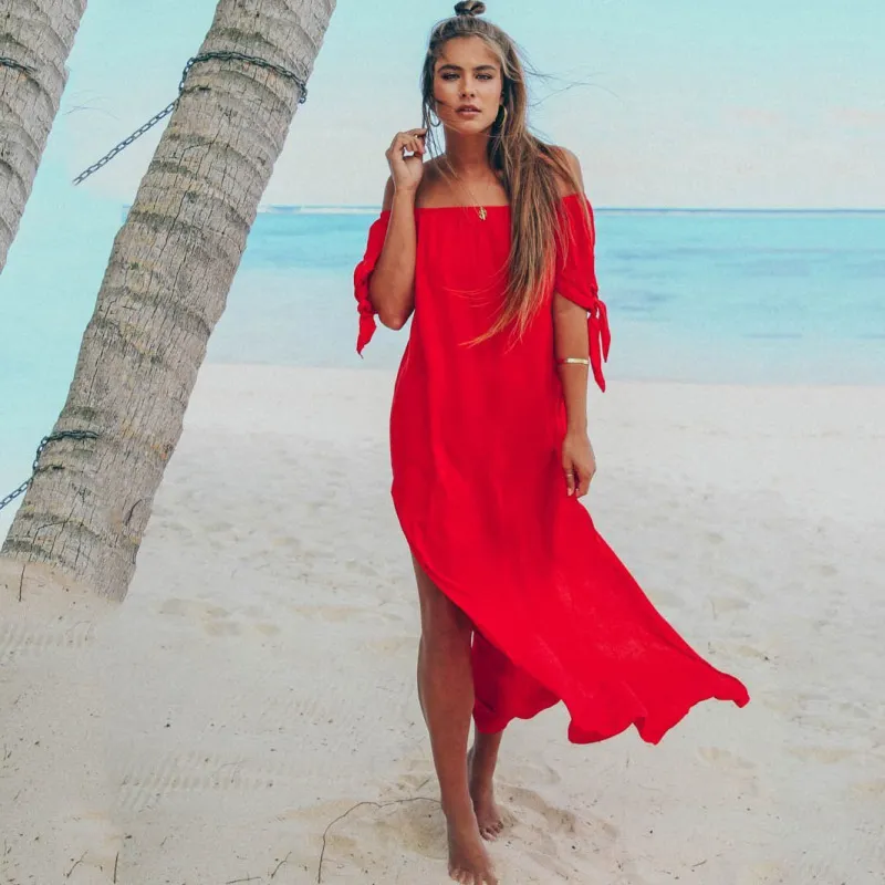Women Casual Solid Color Boat Neck Short Sleeve Slit Long Dress