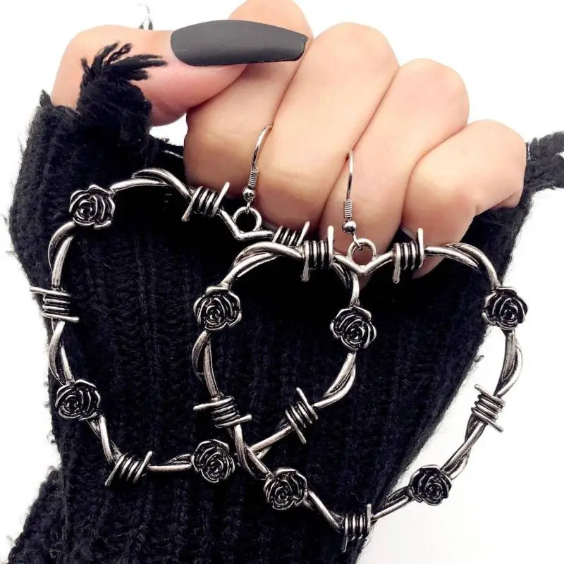 Women Fashion Gothic Thorny Rose Hollow Heart Dangle Earrings
