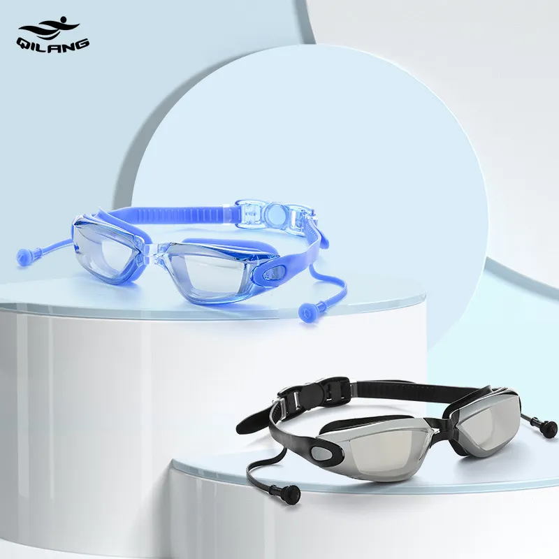 Unisex Fashion One-Piece Earplugs Waterproof Anti-Fog Plating Flat Swimming Glasses