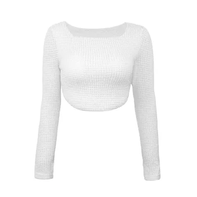 Women Fashion Sexy Knitted Solid Color Slim-Fit Square Neck Long Sleeve Crop Top