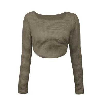 Women Fashion Sexy Knitted Solid Color Slim-Fit Square Neck Long Sleeve Crop Top