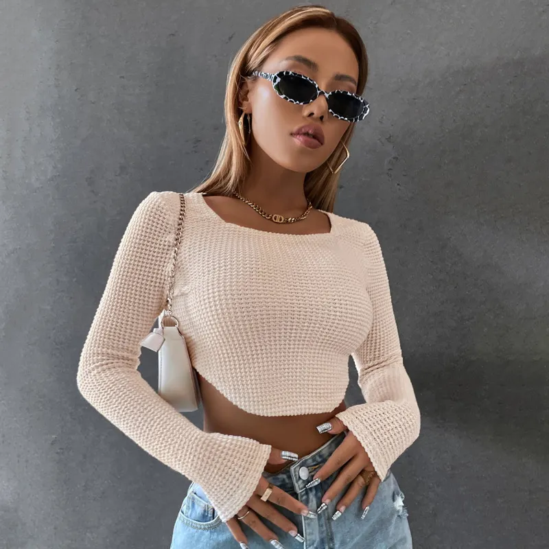 Women Fashion Sexy Knitted Solid Color Slim-Fit Square Neck Long Sleeve Crop Top
