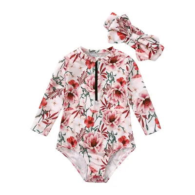 Toddlers Newborn Baby Girls Long Sleeve Flower Print Zipper Swimsuit With Headband