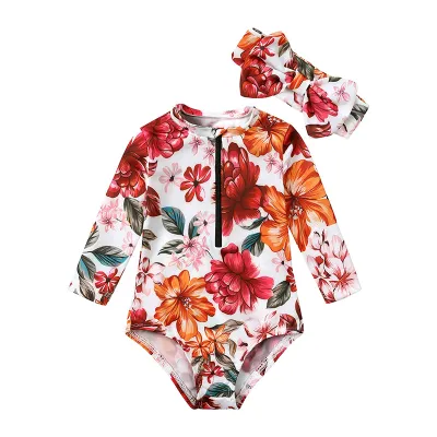 Toddlers Newborn Baby Girls Long Sleeve Flower Print Zipper Swimsuit With Headband