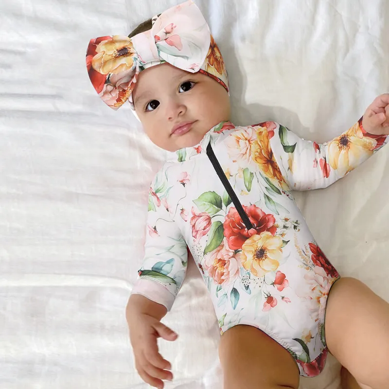 Toddlers Newborn Baby Girls Long Sleeve Flower Print Zipper Swimsuit With Headband