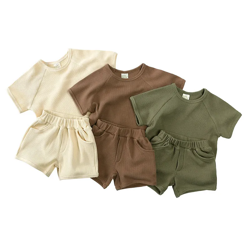Children Kids Fashion Boys Girls Casual Short Sleeve Solid Color Cotton T-Shirt And Shorts 2Pcs Set