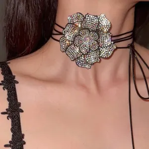 Wholesale Women Retro Full Diamond Flower Multi-Layer Tassel Clavicle Chain Necklaces