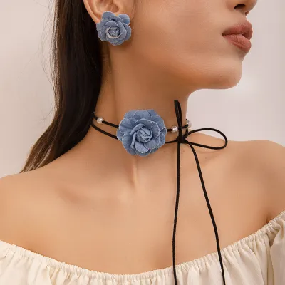 Wholesale Women Fashion Denim Camellia Flower Beaded Ties Necklace Earrings Two Piece Set