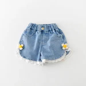 Children Kids Baby Fashion Girls Casual Basic Flower Lace Denim Shorts