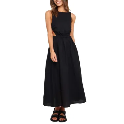 Women Fashion Solid Color Cut Out Backless Sleeveless Midi Dress