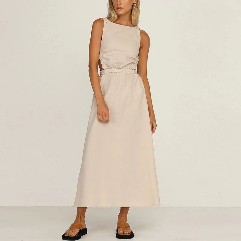 Women Fashion Solid Color Cut Out Backless Sleeveless Midi Dress