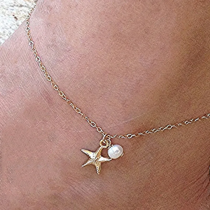 Women's Fashion Simple Geometric Starfish Imitation Pearls Chain Anklet