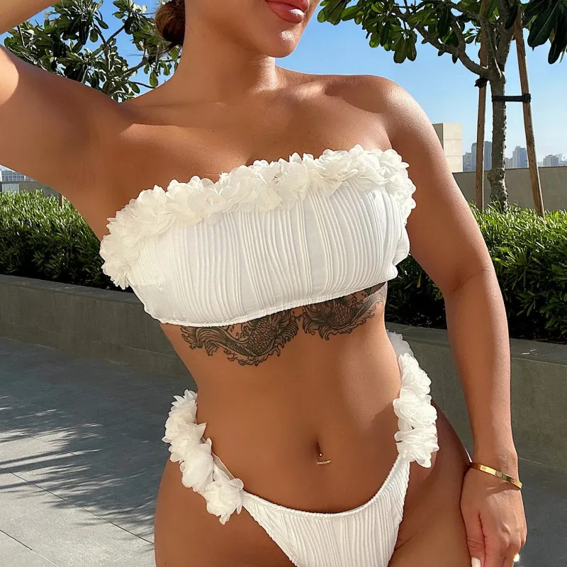 Women Fashion Sexy Tube Top Lace Swimsuit Two-Piece Set