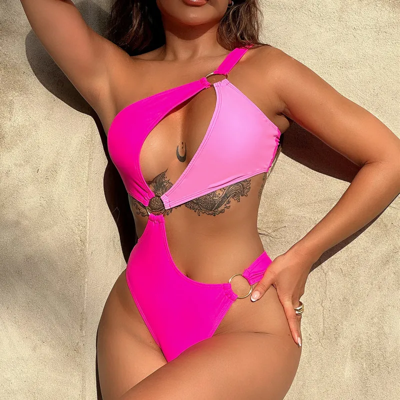 Women Sexy Single Shoulder Color Contrast One-Piece Swimsuit