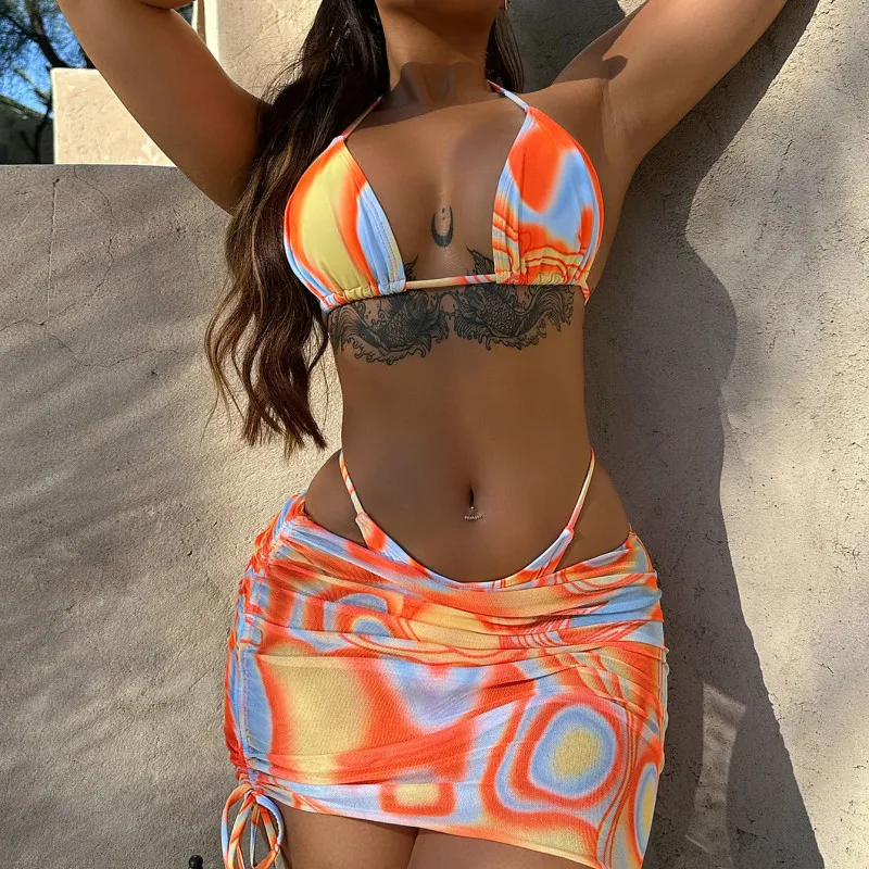 Women Sexy Fashion Halter Neck Print Skirt Cover Up Bikini Swimsuit Set