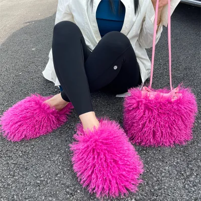 Plus Size Women Fashion Plush Solid Color Flat Slipper Shoulder Bag Set