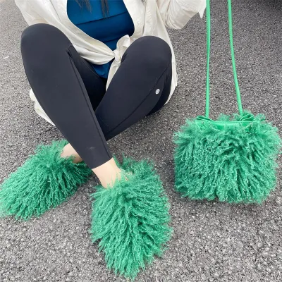 Plus Size Women Fashion Plush Solid Color Flat Slipper Shoulder Bag Set