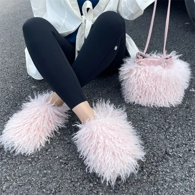Plus Size Women Fashion Plush Solid Color Flat Slipper Shoulder Bag Set