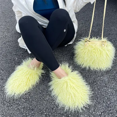 Plus Size Women Fashion Plush Solid Color Flat Slipper Shoulder Bag Set