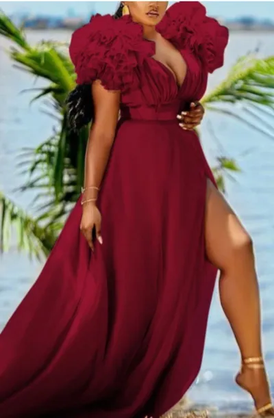 Plus Size High Waist Split Mesh Party Dress Women Solid Color
