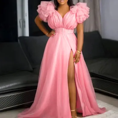 Plus Size High Waist Split Mesh Party Dress Women Solid Color