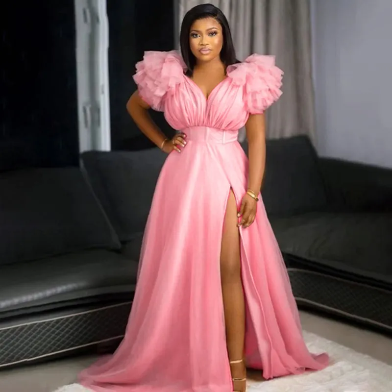 Plus Size High Waist Split Mesh Party Dress Women Solid Color