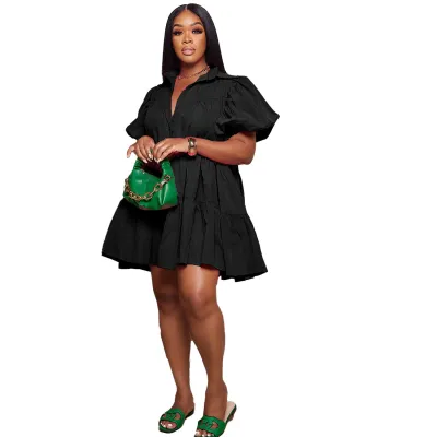 Women Casual Solid Color Loose Lapel Puff Sleeve Midi Dress