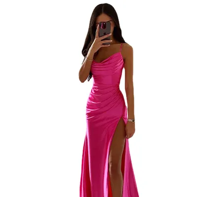 Women Sexy Solid Color Tube Creased Side Slit Sundress