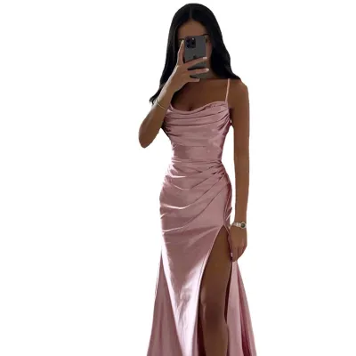 Women Sexy Solid Color Tube Creased Side Slit Sundress