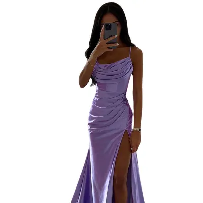 Women Sexy Solid Color Tube Creased Side Slit Sundress