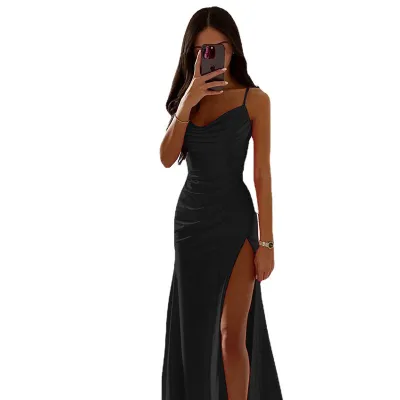 Women Sexy Solid Color Tube Creased Side Slit Sundress