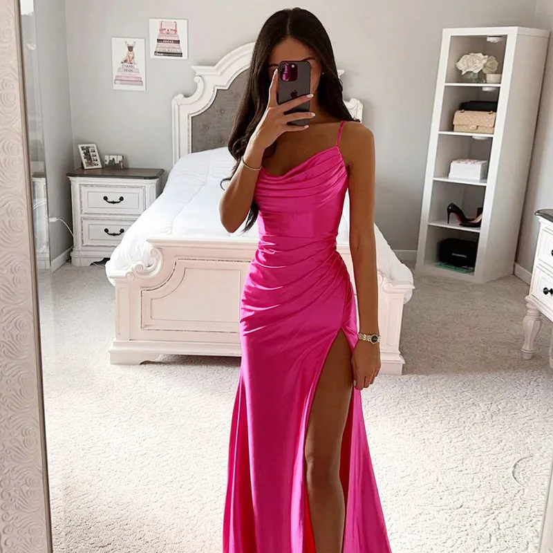Women Sexy Solid Color Tube Creased Side Slit Sundress