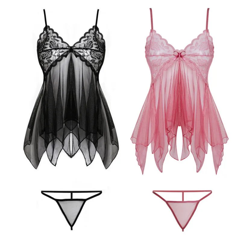 Women Sexy Lace Mesh See-Through Pajamas Thong Set