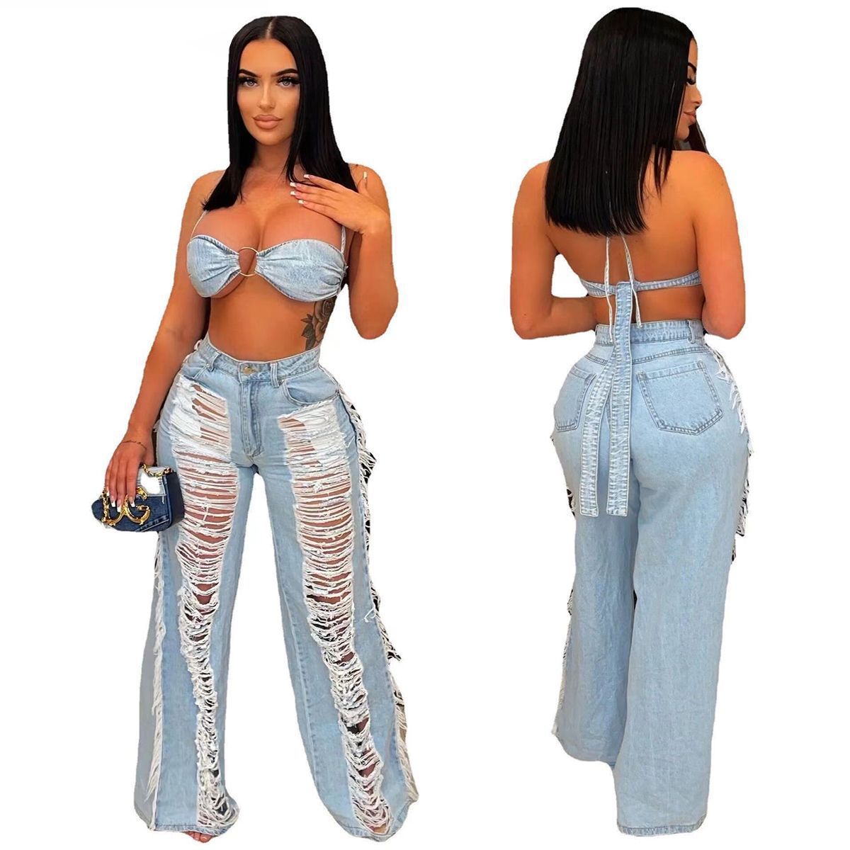 Wholesale Women Fashion Sexy Tube Top Ripped Denim Pants Set