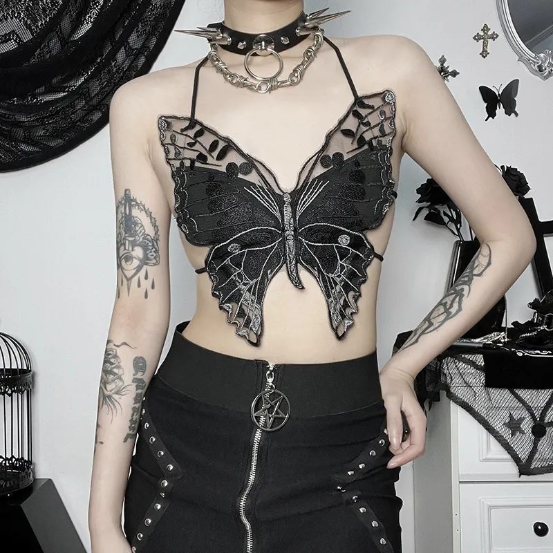 Women Gothic Butterfly Mesh Halter Neck Backless Crop Top