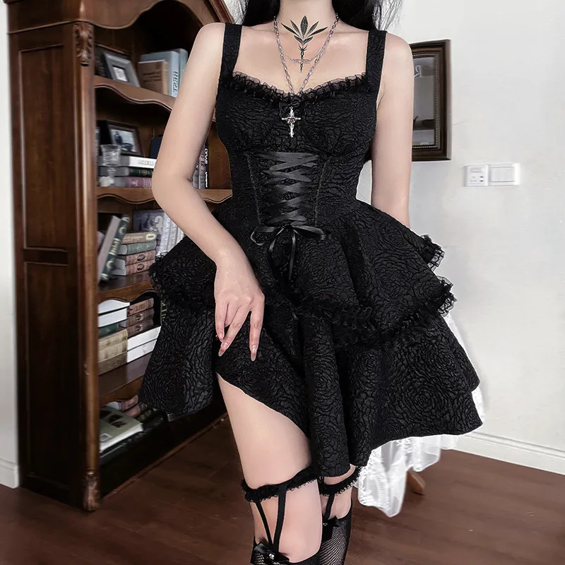 Women Vintage Gothic Black Layered Wrap Dress