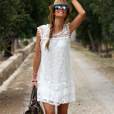 Women Fashion Casual Solid Color Lace Sleeveless Loose Dress
