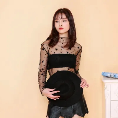 Women Fashion Sexy Lace Mesh See-Through Mock Neck Long-Sleeved Blouses