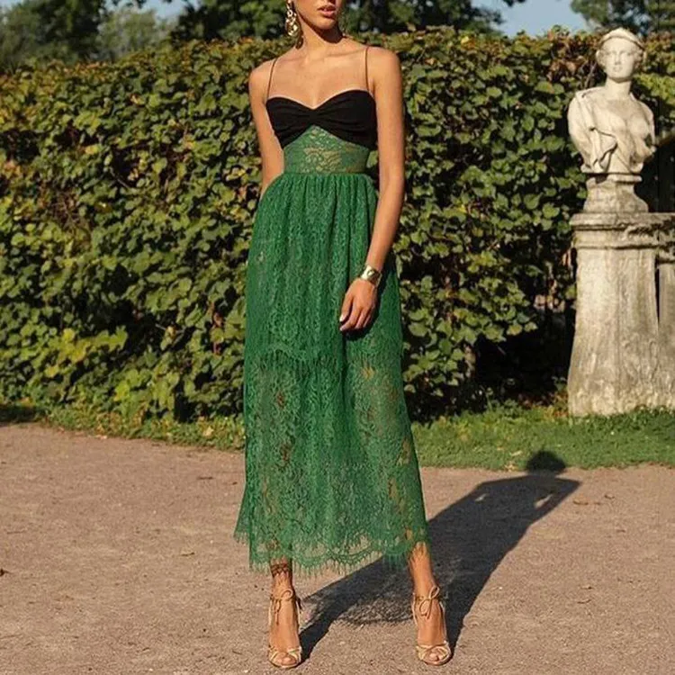 Women Sexy Suspenders Solid Color Lace Dress