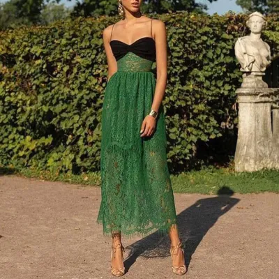 Women Sexy Suspenders Solid Color Lace Dress