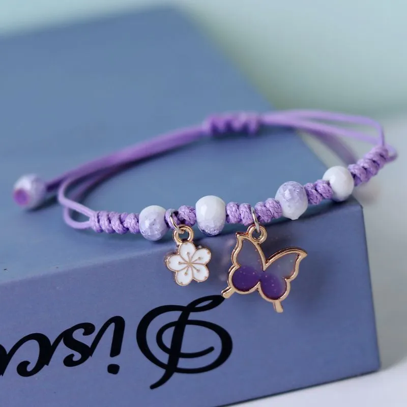 Women Fashion Flower Butterfly Beads Braided Wrap Bracelet