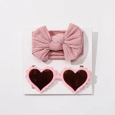 Children Kids Baby Fashion Girls Solid Color Bowknot Elastic Headband and Sunglasses Set