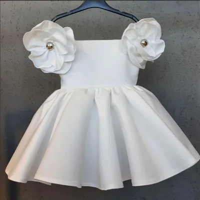 Kids Baby Toddler Girls Retro Solid Color One Shoulder Floral Party Dress