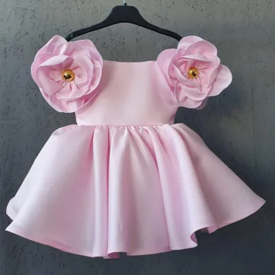 Kids Baby Toddler Girls Retro Solid Color One Shoulder Floral Party Dress