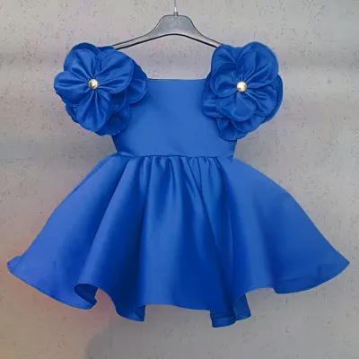 Kids Baby Toddler Girls Retro Solid Color One Shoulder Floral Party Dress