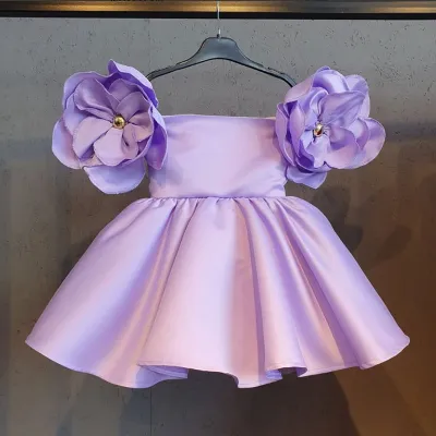 Kids Baby Toddler Girls Retro Solid Color One Shoulder Floral Party Dress
