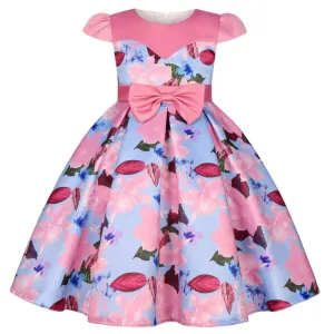 Children Kids Baby Fashion Girls Princess Short Sleeve Flower Print Bowknot Party Dress