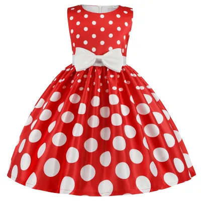 Girls Princess Sleeveless Polka Dot Bowknot Party Dress Kids Cotton Blend